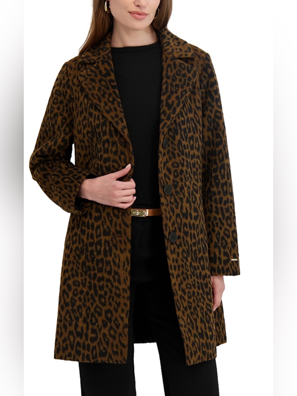 Tahari Brown and Black Leopard Print Wool-Blend Single-Breasted Coat